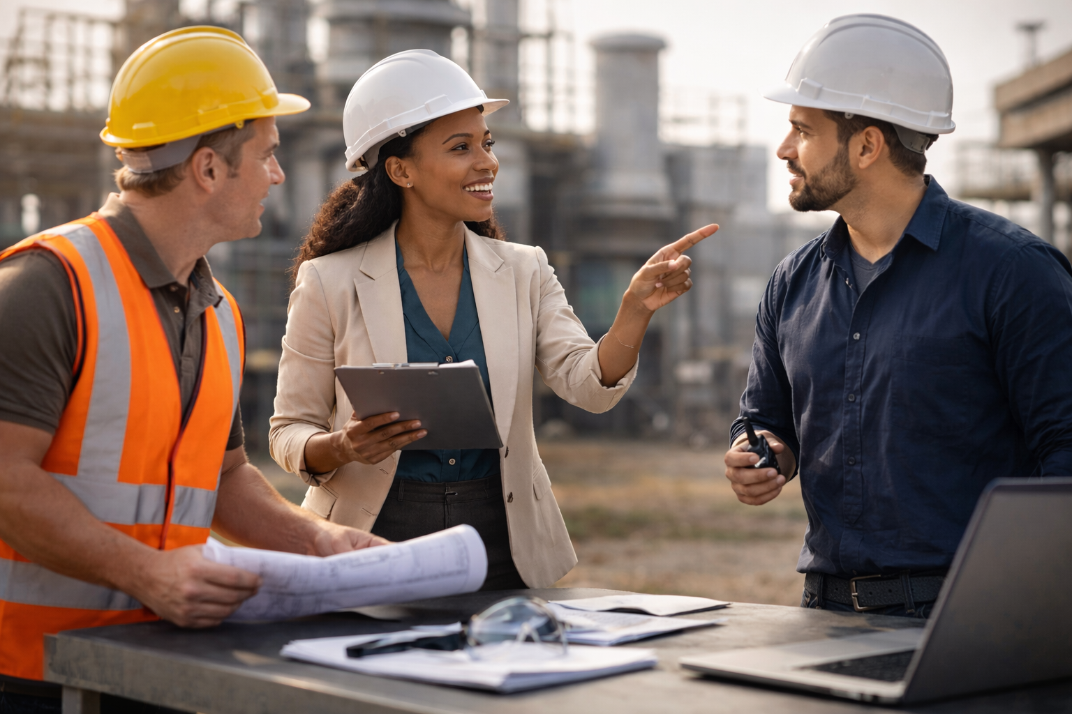 Multinational workforce collaborating on site