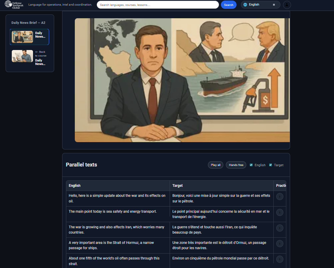 Scenario-based lesson screen inside the YouSpeak Global platform